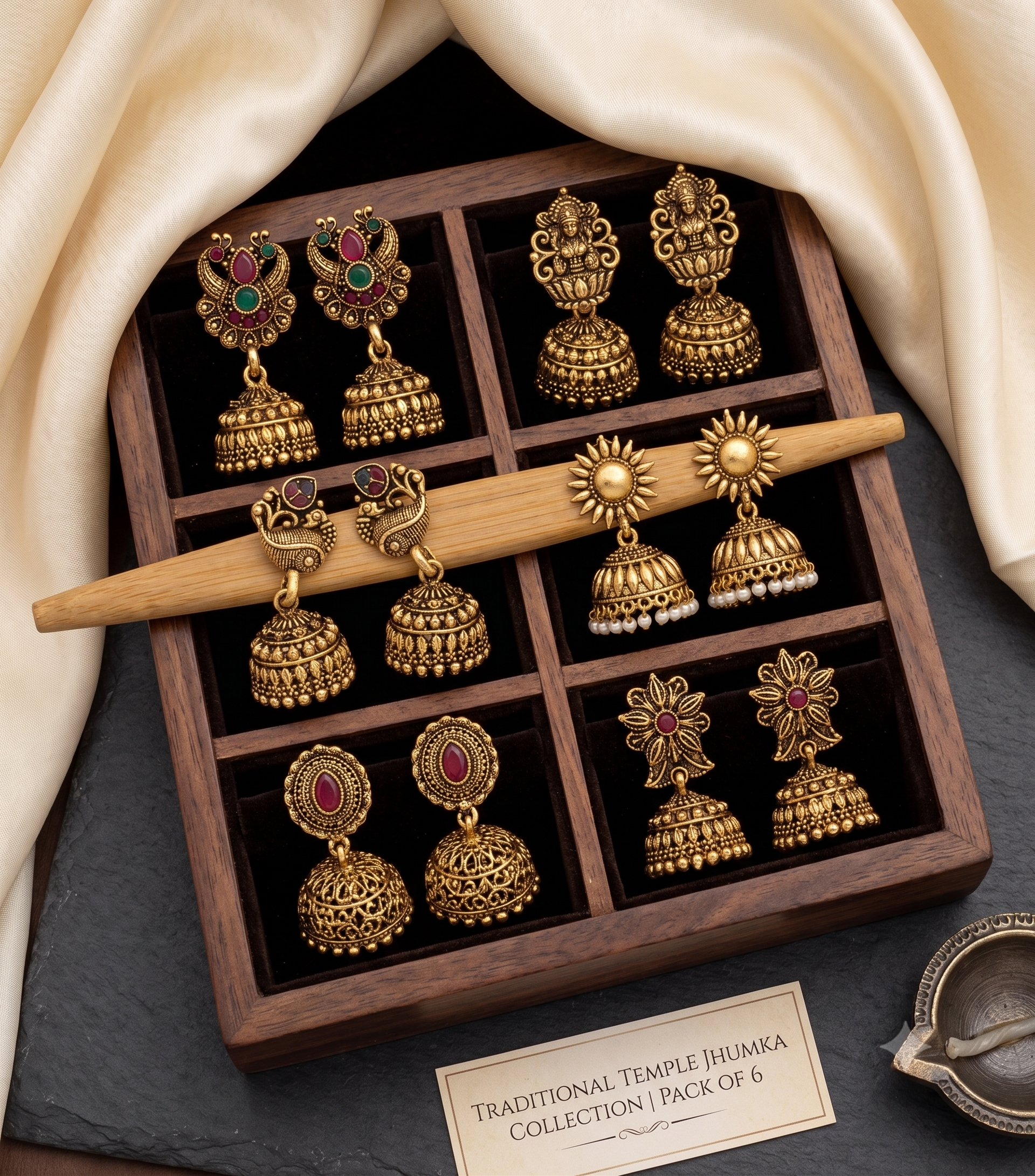 Set of 6 Traditional Oxidised Gold Jhumka Earrings