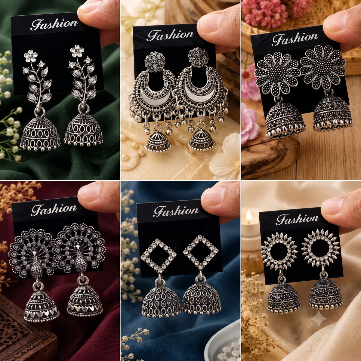 jhumka oxidised Silver Earrings for women Combo chandbali pearl (PACK Of 6)