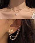 Aesthetic Korean Butterfly Ear Cuff & 2-Layer Pearl Choker Necklace Jewellery Set for Girls and Women