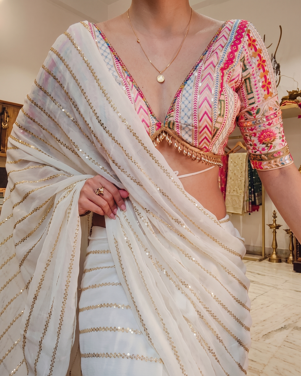 Georgette Embroidered Elegant White Color Sreee With Blouse || Saree For Women
