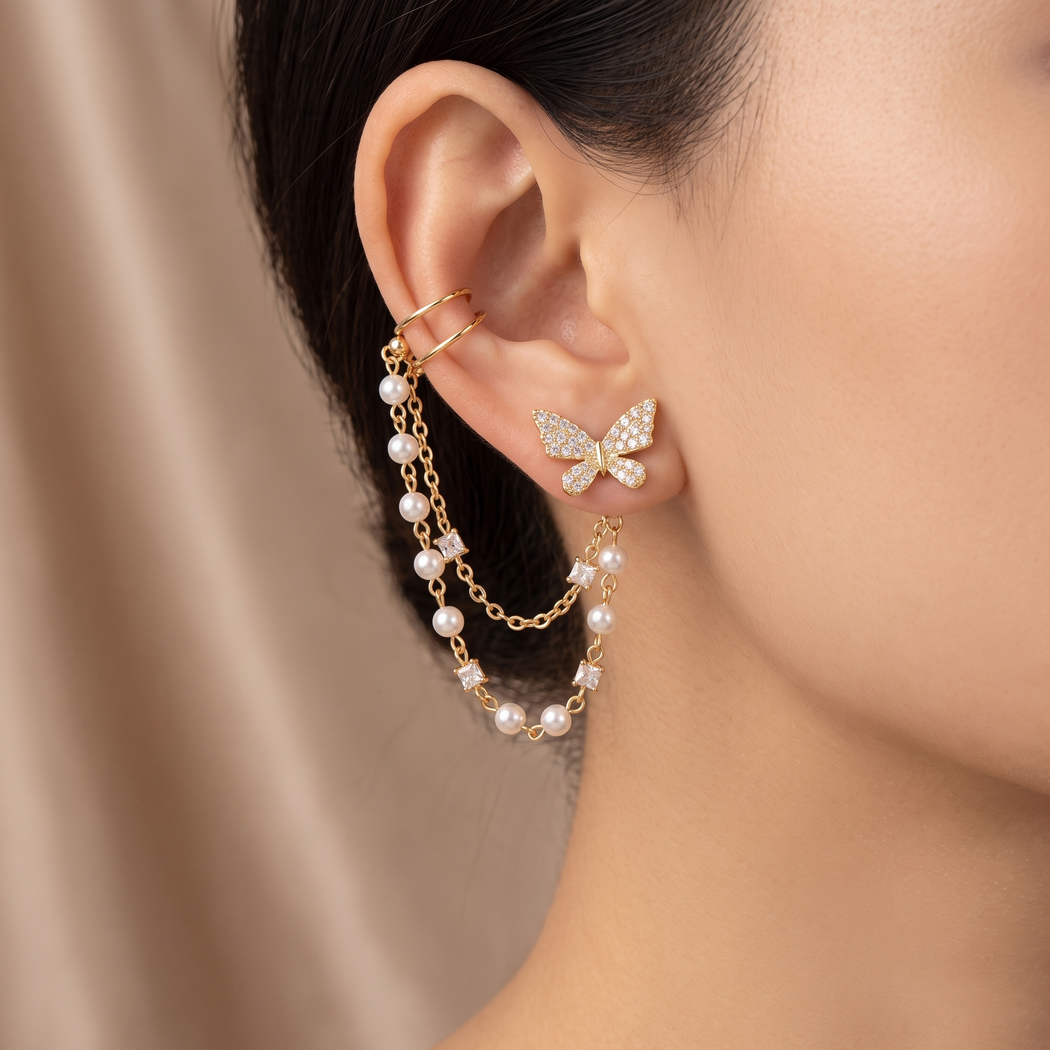 Aesthetic Korean Butterfly Ear Cuff & 2-Layer Pearl Choker Necklace Jewellery Set for Girls and Women