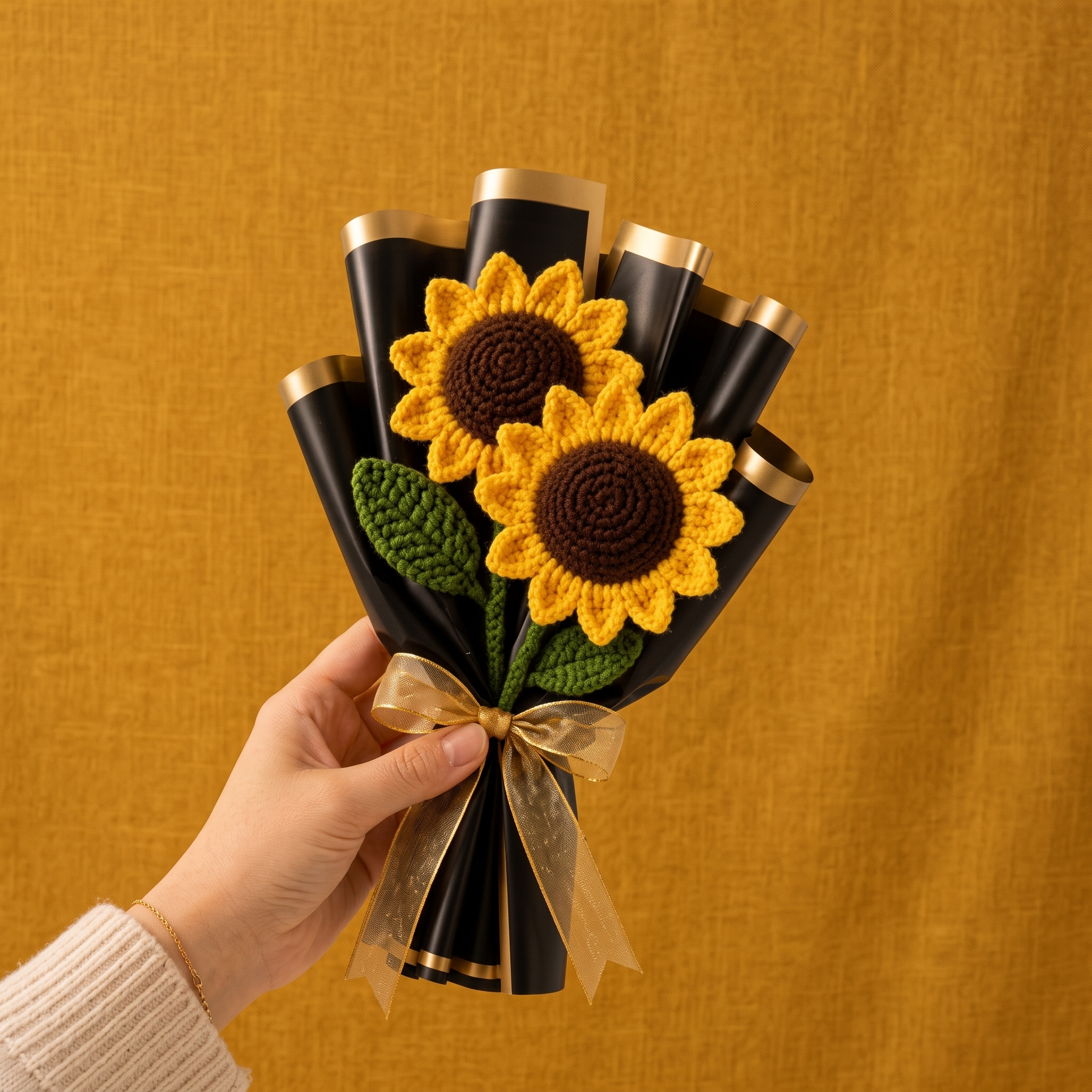 Handmade Crochet Sunflower Bouquet with 2 Flowers | Woolen Flower Gift for Birthday, Anniversary