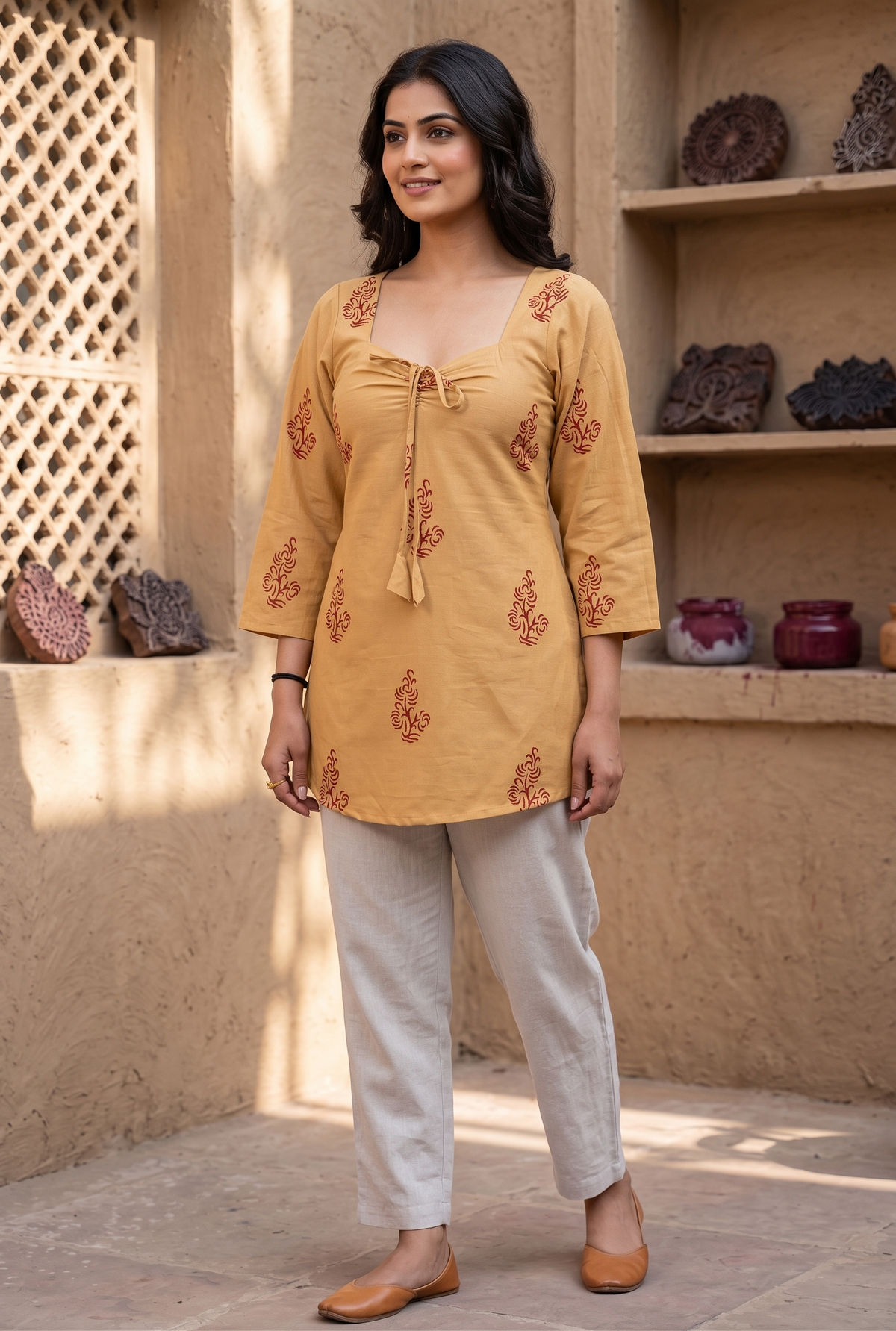 square neckline, front tie-up tassels, and floral block prints.