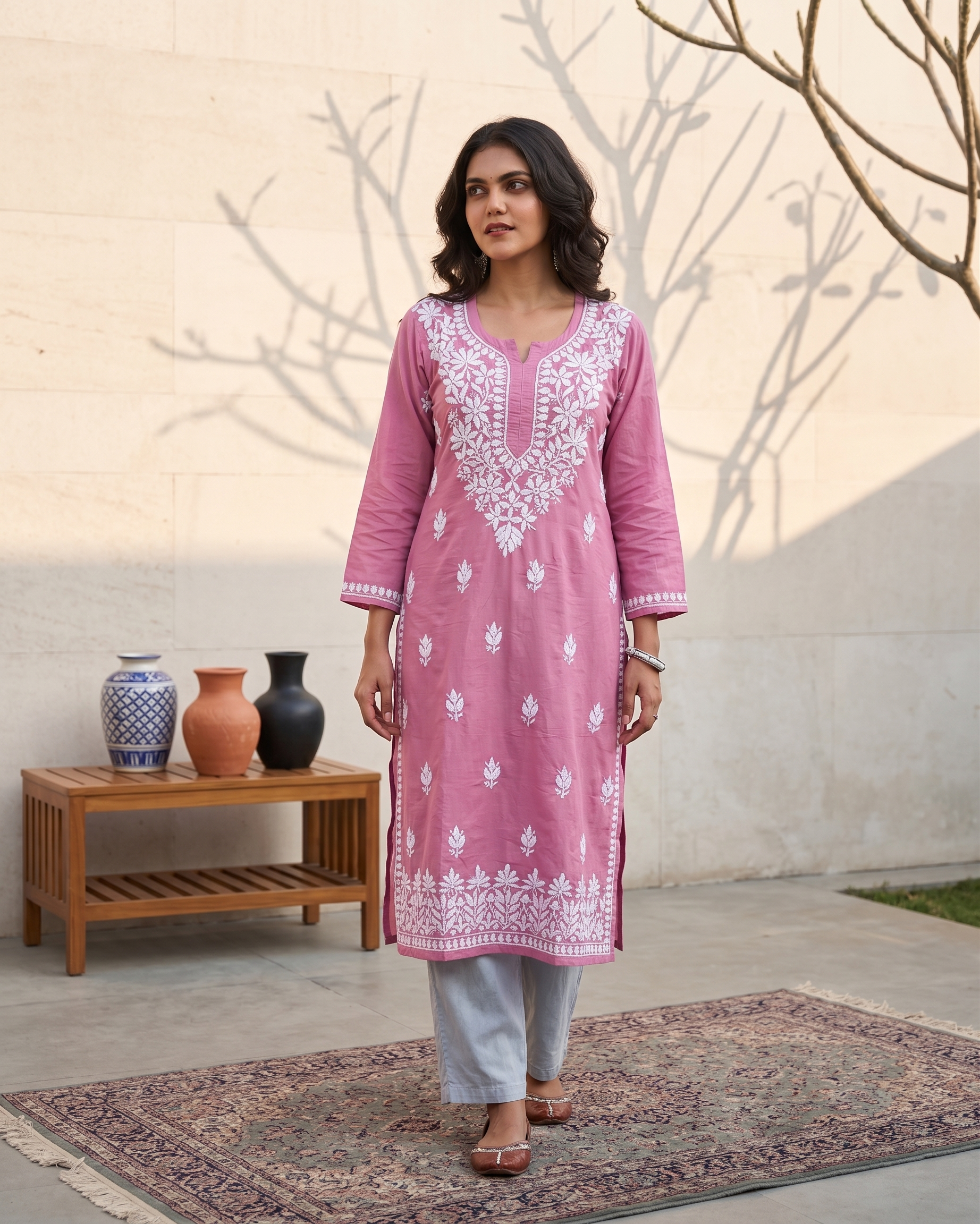 PREMIUM CHIKANKARI NEW CUTE PINK STRAIGHT SHORT KURTI