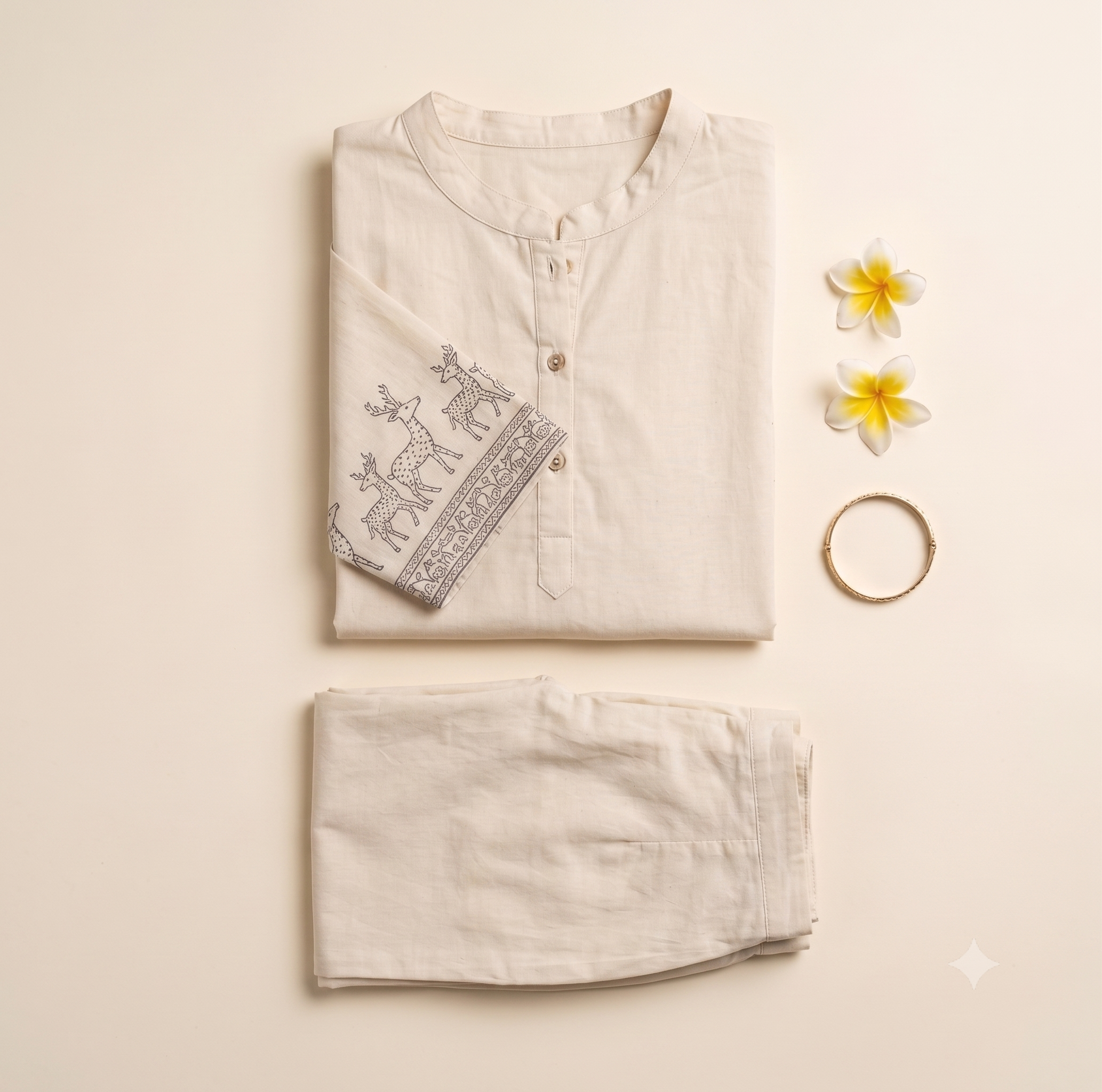women's premium Cotton embroidery Work Casual Top Bottom Set
