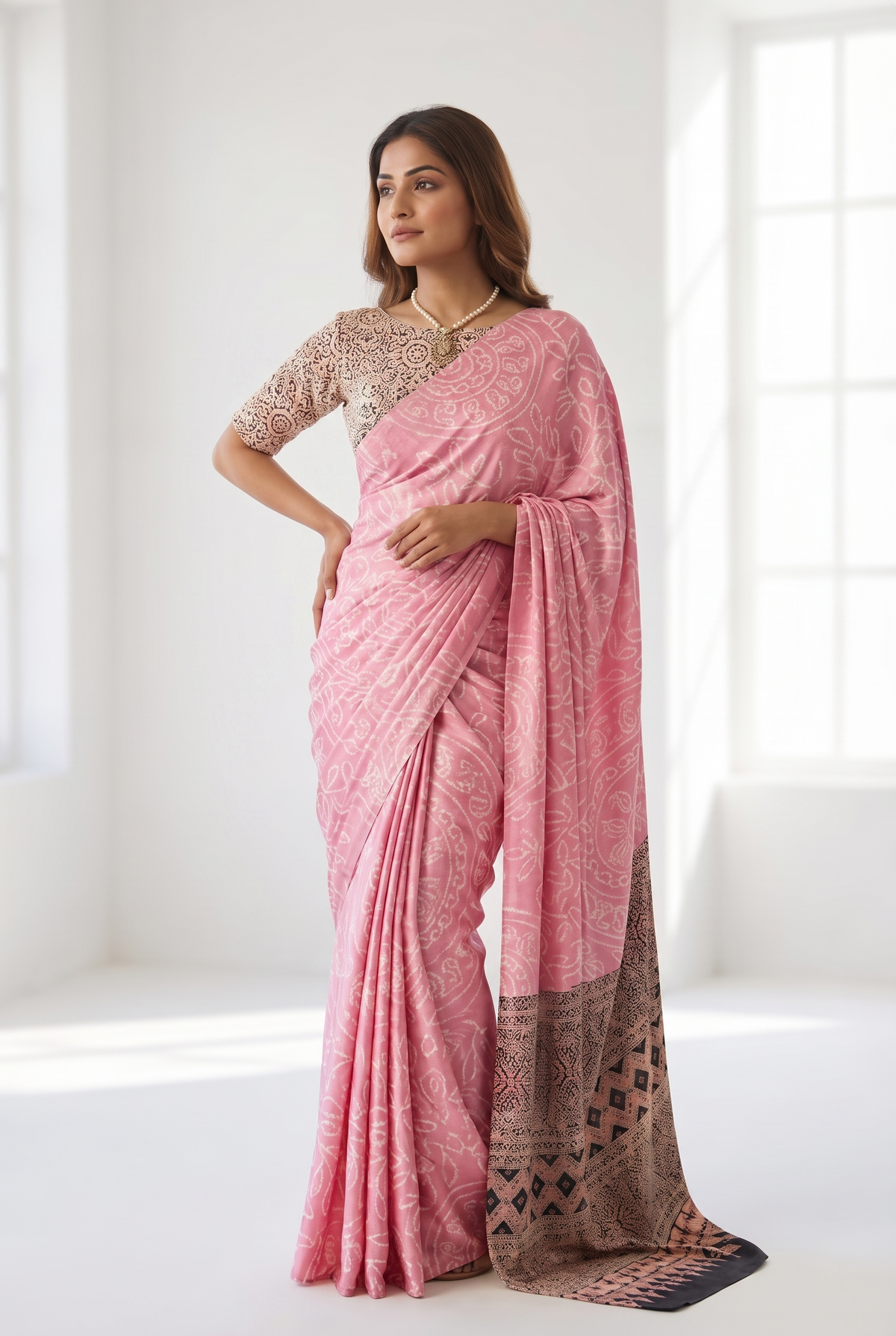 Ajrakh and Bandhani Printed Modal Satin Silk Saree