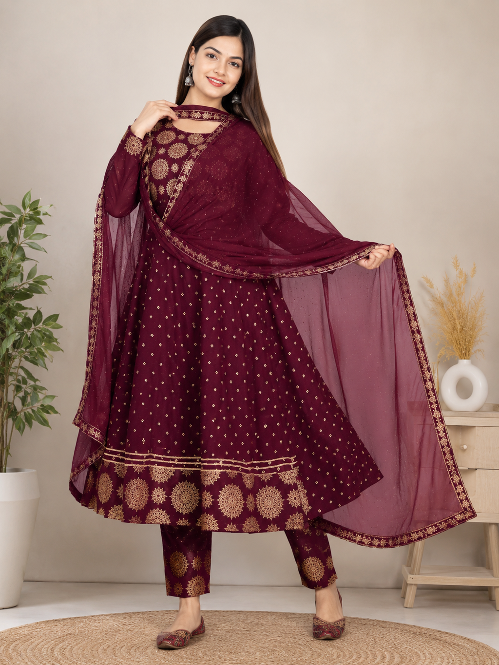 premium Anarkali Dupatta Set" Women's Printed "Anarkali Kurti" & Pant Dupatta Set