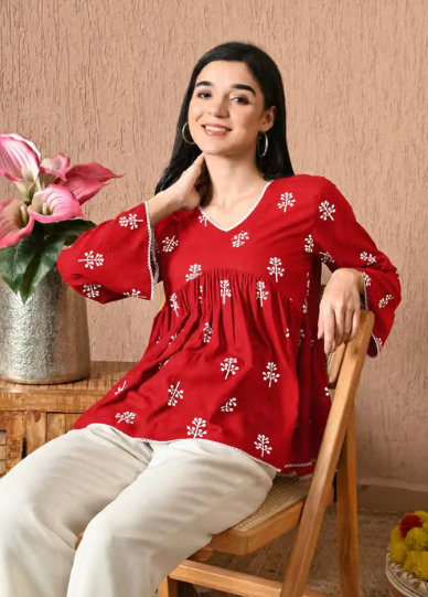 Women's Red Printed Rayon Peplum Top | Bell Sleeve Casual Tunic Top | Stylish Office, College & Daily Wear