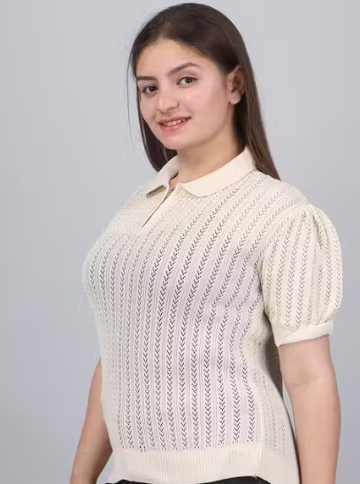 Stylish Collar neck Top | Knitted | Women's Striped Top | Casual | Partywear | Cotton | Top For Ladies | Zipper Closure | Cream Top