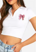 women Stylish Half Sleeves Sticker Printed Collar Top And Tunics