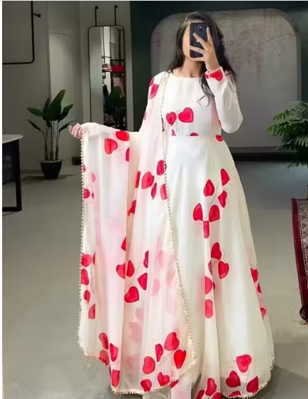 Women's White & Red Floral Printed Anarkali Gown with Dupatta