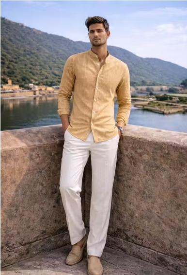 yellow Men's Striped Mandarin Collar Casual Shirt