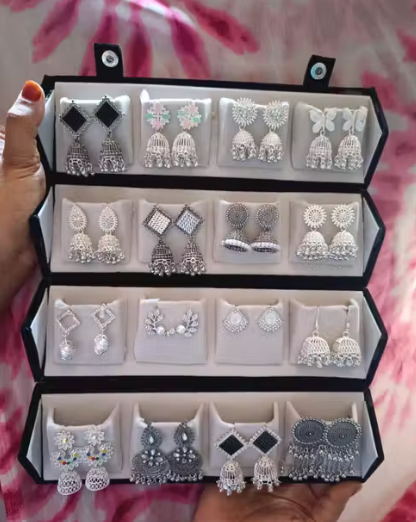 premium 16 Pairs Premium Silver Oxidised Earrings | Jhumka Set With Velvet Box | Combo Jewellery | Traditional Earrings for Women & Girls | Ethnic & Daily Wear