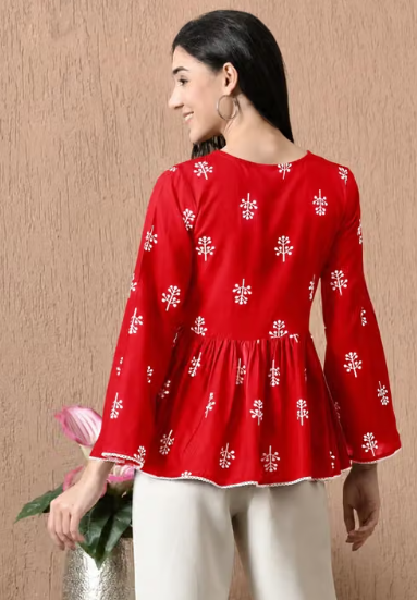 Women's Red Printed Rayon Peplum Top | Bell Sleeve Casual Tunic Top | Stylish Office, College & Daily Wear