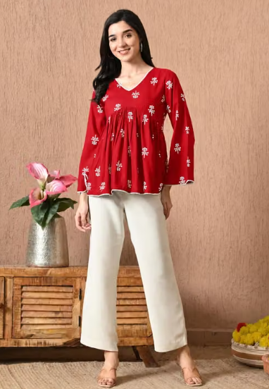 Women's Red Printed Rayon Peplum Top | Bell Sleeve Casual Tunic Top | Stylish Office, College & Daily Wear