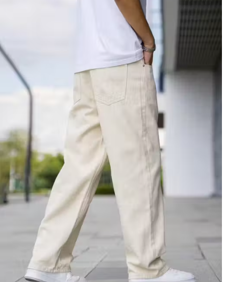 Premium Men's Relaxed Fit Baggy Jeans – Cream Beige