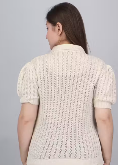 Stylish Collar neck Top | Knitted | Women's Striped Top | Casual | Partywear | Cotton | Top For Ladies | Zipper Closure | Cream Top
