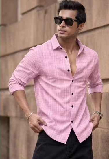 Men's Smart-Casual Pink Check Shirt with Contrast Buttons