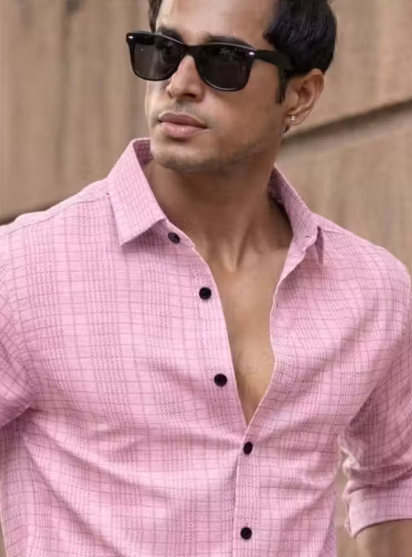 Men's Smart-Casual Pink Check Shirt with Contrast Buttons