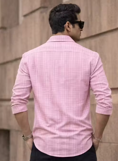 Men's Smart-Casual Pink Check Shirt with Contrast Buttons