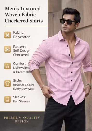 Men's Smart-Casual Pink Check Shirt with Contrast Buttons