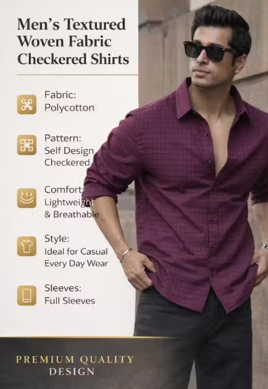 Men Textured Checkered Shirt Full Sleeve | Casual Cotton Blend Regular Fit Shirt for Men | Stylish Check Shirt