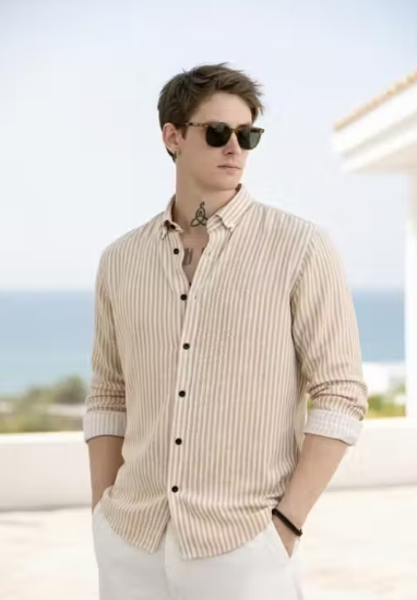 solid Men Beige Striped Cotton Casual Shirt | Full Sleeve Regular Fit Shirt for Men