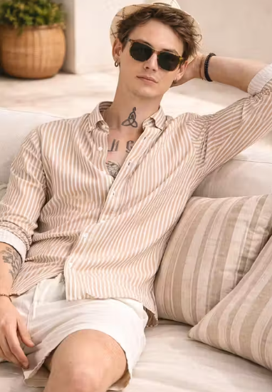 solid Men Beige Striped Cotton Casual Shirt | Full Sleeve Regular Fit Shirt for Men