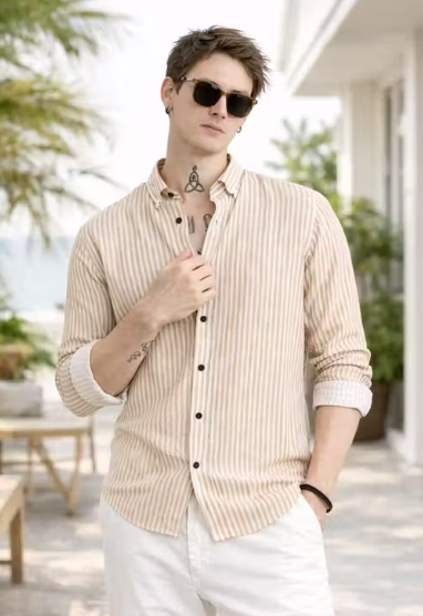 solid Men Beige Striped Cotton Casual Shirt | Full Sleeve Regular Fit Shirt for Men