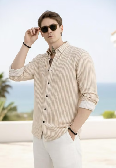 solid Men Beige Striped Cotton Casual Shirt | Full Sleeve Regular Fit Shirt for Men