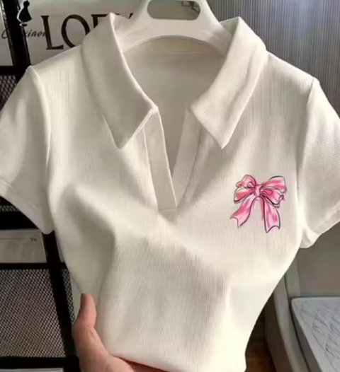 women Stylish Half Sleeves Sticker Printed Collar Top And Tunics