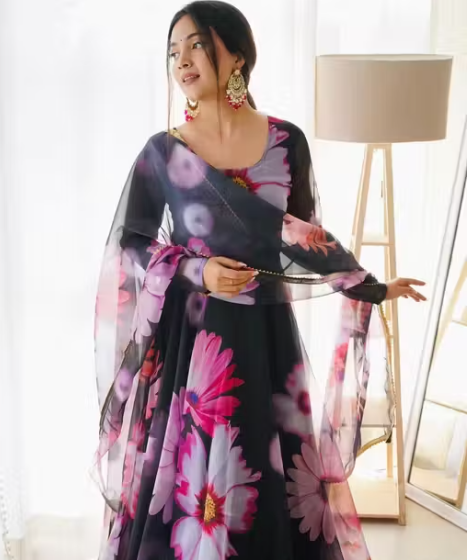simple readymade trendy a line designer latest flare and fit traditional formal bodycon floral flared ethinic wedding full long printed gown with dupatta Nobottamwear