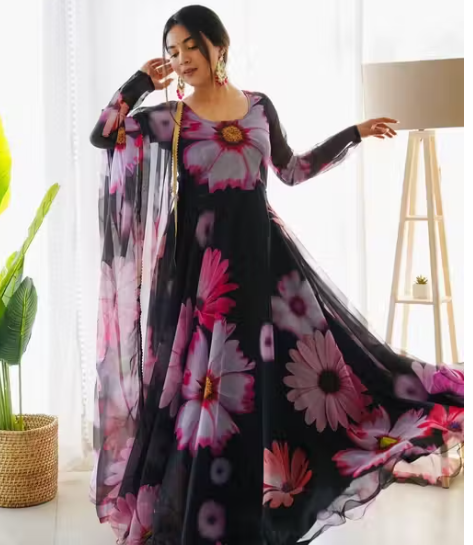 simple readymade trendy a line designer latest flare and fit traditional formal bodycon floral flared ethinic wedding full long printed gown with dupatta Nobottamwear