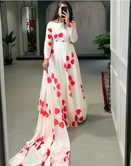 Women's White & Red Floral Printed Anarkali Gown with Dupatta