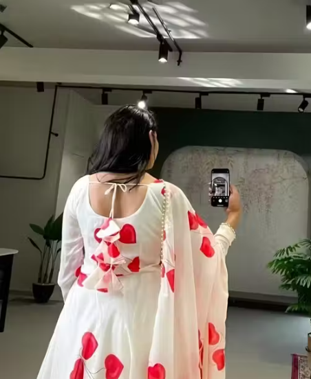 Women's White & Red Floral Printed Anarkali Gown with Dupatta
