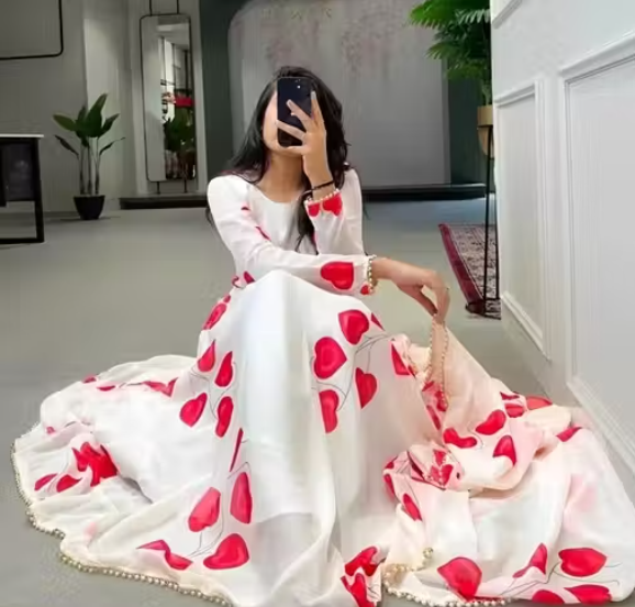 Women's White & Red Floral Printed Anarkali Gown with Dupatta