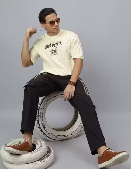 one piece oversized anime tee | anime design | baggy cotton men t-shirt | Beige | anime oversize t-shirt