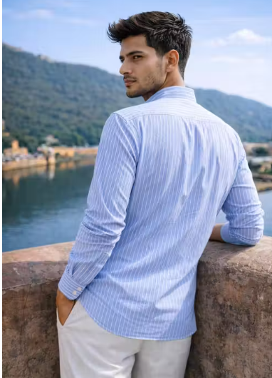 Men's Striped Mandarin Collar Casual Shirt