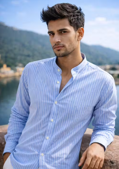 Men's Striped Mandarin Collar Casual Shirt