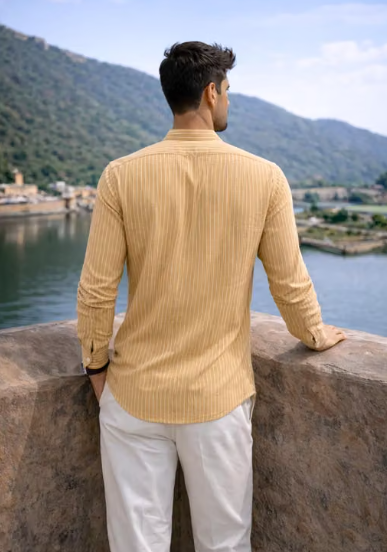 yellow Men's Striped Mandarin Collar Casual Shirt