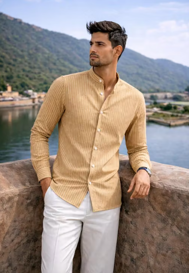 yellow Men's Striped Mandarin Collar Casual Shirt