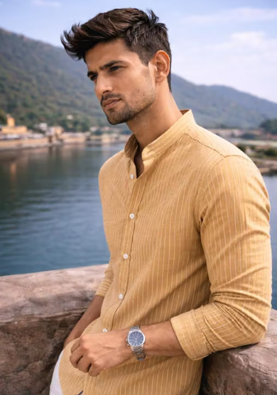 yellow Men's Striped Mandarin Collar Casual Shirt