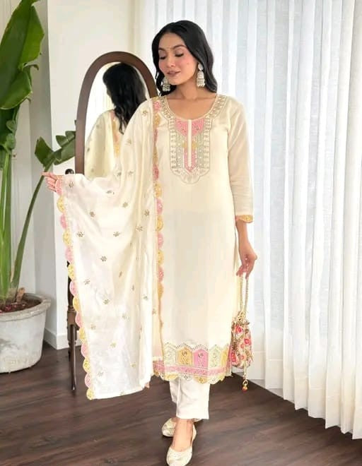 New Desiner Embrodred Latest Fashion Cream Color Kurti With Bottom Or Dupatta Set