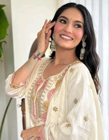 New Desiner Embrodred Latest Fashion Cream Color Kurti With Bottom Or Dupatta Set