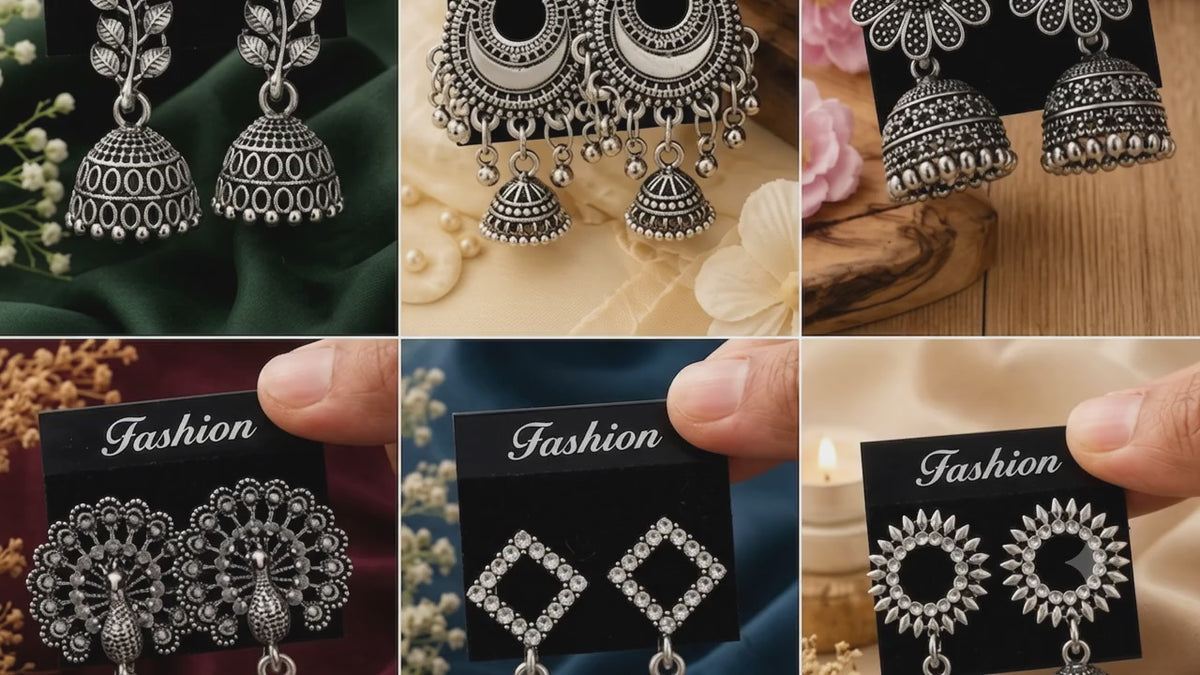 jhumka oxidised Silver Earrings for women Combo chandbali pearl (PACK Of 6)